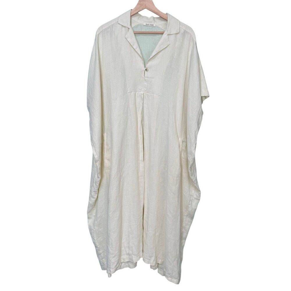 Black Crane Linen Kite Dress Women Medium Cream Oversized Midi Lagenlook Organic